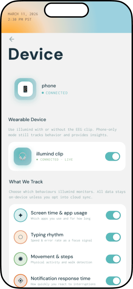 Illumind device and privacy controls screen