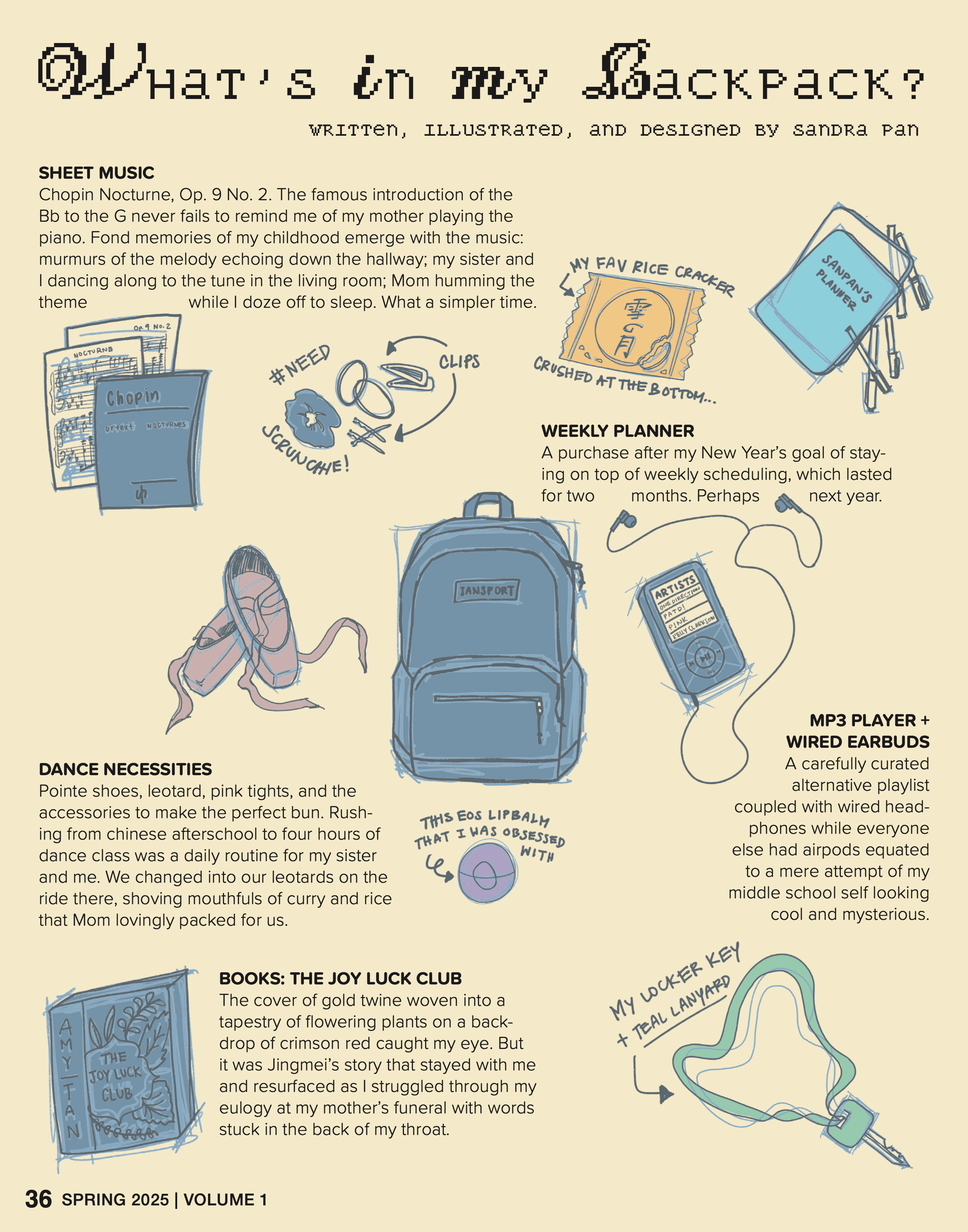 What's In My Backpack? illustrated spread by Sandra Pan