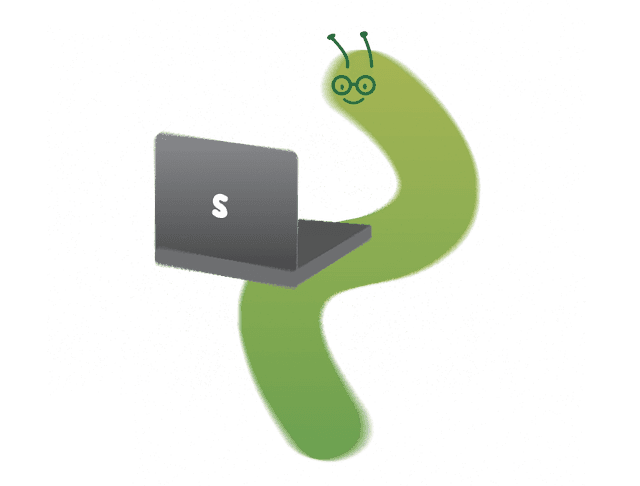 Illustration of the Studybug worm mascot studying alone at a laptop